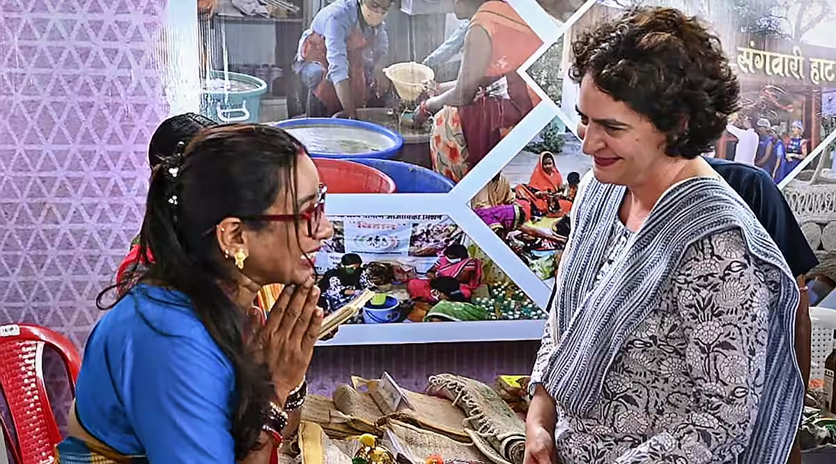 Priyanka Gandhi at ‘Mahila Samruddhi Sammelan’ in Bhilai on Thursday. (PTI)